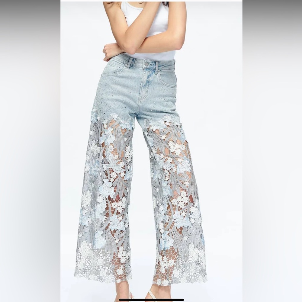 Light Blue Lace-Panel Wide-Leg Jeans